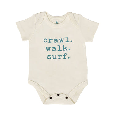 Graphic bodysuit for babies featuring "Crawl Walk Surf" design - perfect for playful and stylish outfits.