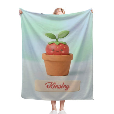 Personalized Kawaii Strawberry Blanket | Custom Name | Cute Potted Fruit Mint Blue Fleece Throw Gift