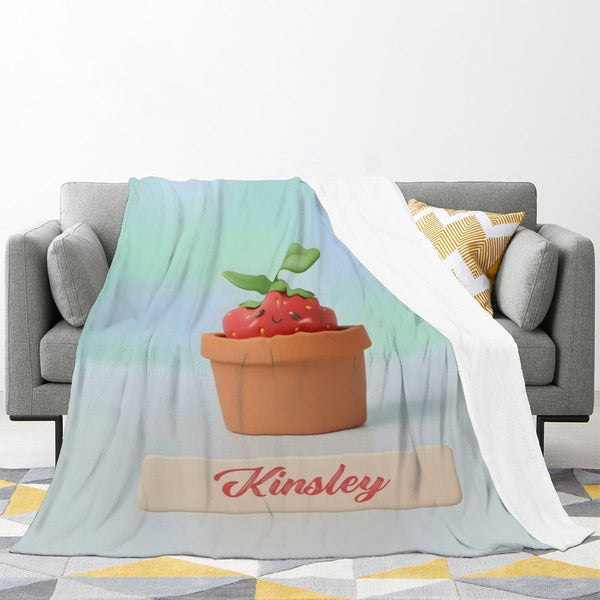 Personalized Kawaii Strawberry Blanket | Custom Name | Cute Potted Fruit Mint Blue Fleece Throw Gift