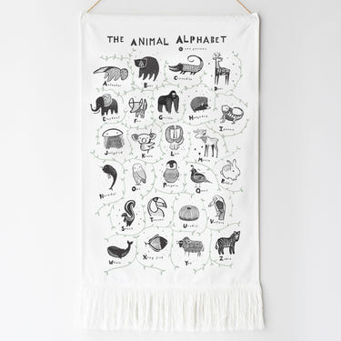 Animal Alphabet Tapestry for nursery decor, featuring colorful animal illustrations and letters. Perfect for baby rooms.
