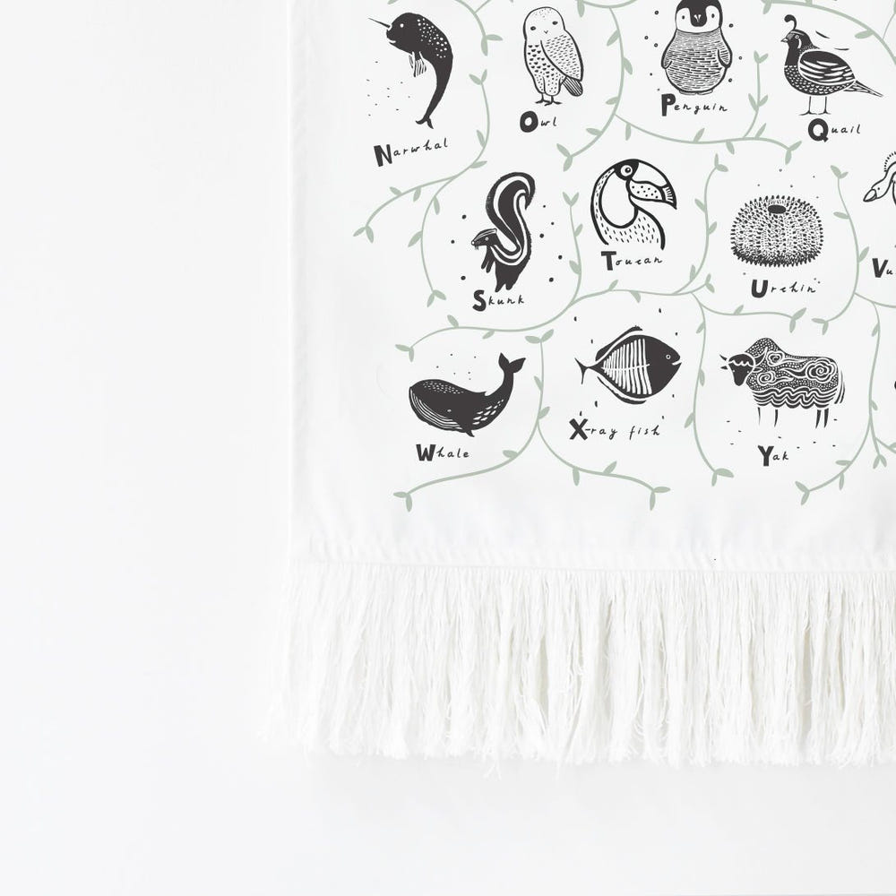 Animal Alphabet Tapestry for nursery decor, featuring colorful animal illustrations and letters. Perfect for baby rooms.