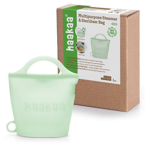Haakaa Multipurpose Steamer & Steriliser Bag for safe and efficient bottle sterilization, angled view.