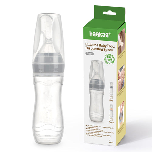 Haakaa Silicone Baby Food Dispensing Spoon with Cap - Feeding Utensil for Easy Baby Meals, Angle 8 View.