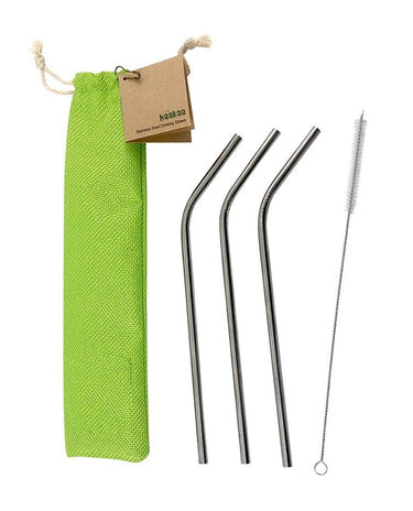 Haakaa Curved Stainless Steel Straws with Cleaning Brush, 3 pack for eco-friendly baby feeding utensils.