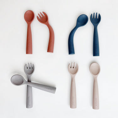 Haakaa Bendy Silicone Cutlery Set for babies - safe, flexible feeding utensils for little hands.