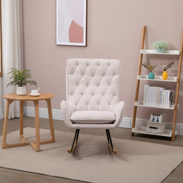 HOMCOM Mid-Century Fabric Nursery Rocker in Cream White