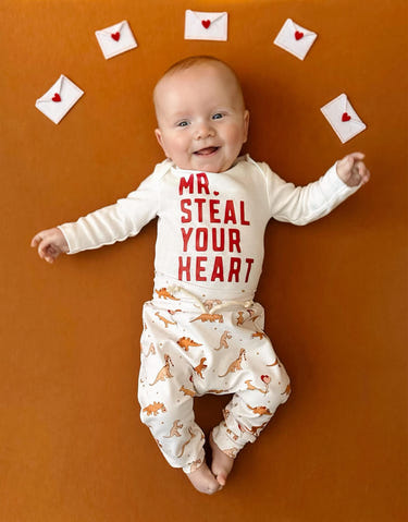 Valentine's Day Mr. Steal Your Heart Dino Jogger Outfit for babies - cute two-piece set.