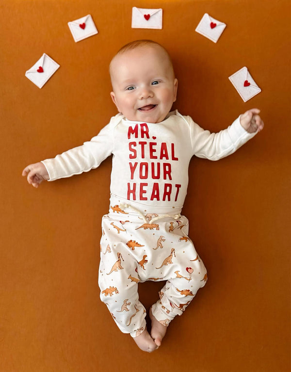 Valentine's Day Mr. Steal Your Heart Dino Jogger Outfit for babies - cute two-piece set.