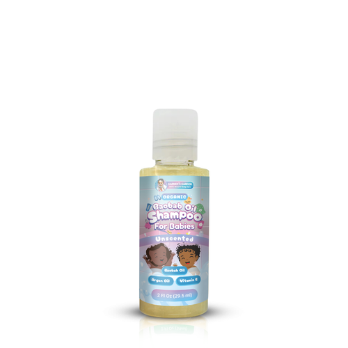 Organic Baobab Oil Baby Shampoo in a bottle, gentle formula for soft, healthy baby hair. Angle 8 view.
