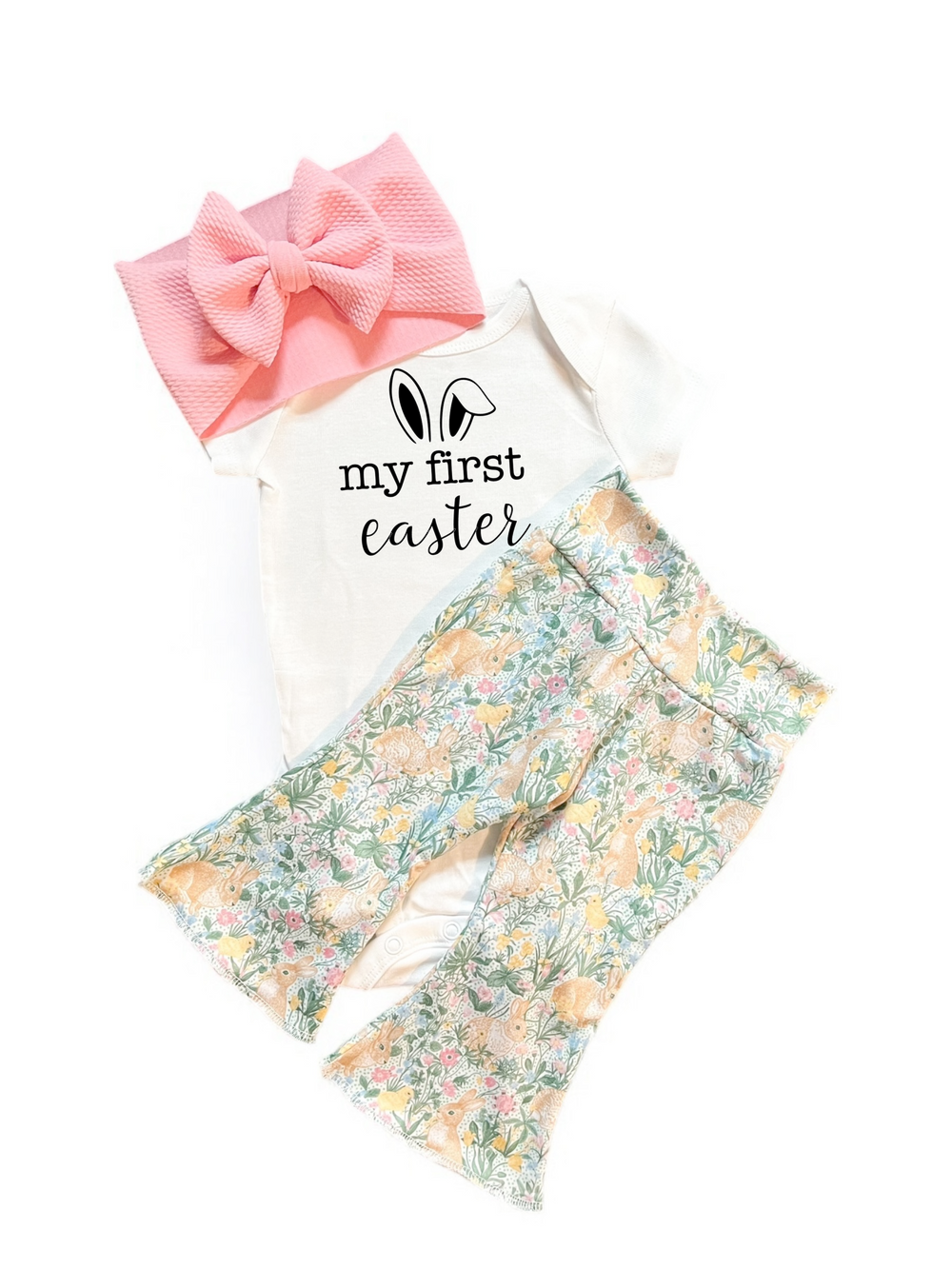 Spring Bunny Blooms Easter Baby Bell Bottoms in vibrant floral design for stylish infant outfits.