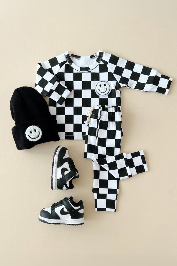 Checkered Smiley Lounge Set | Black - MOOGCO Baby