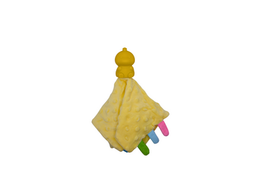 Yellow Dino Blanket Buddy plush toy for babies, perfect for comfort and cuddles.