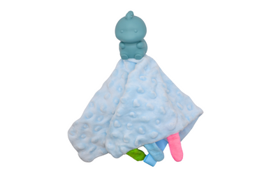 Blue Dino Blanket Buddy plush toy, perfect for comfort and cuddles for babies and toddlers.