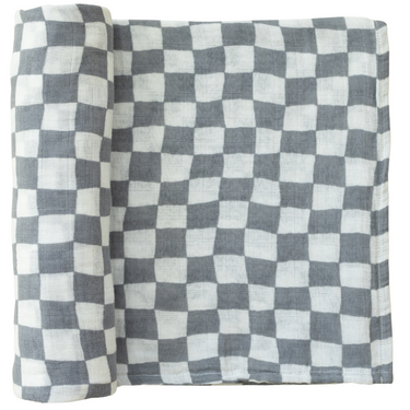Dusty Blue Wavy Checkered Muslin Swaddle Blanket - MOOGCO Baby