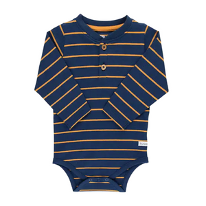 Navy & Honey Stripe Long Sleeve Classic Henley Knit Bodysuit