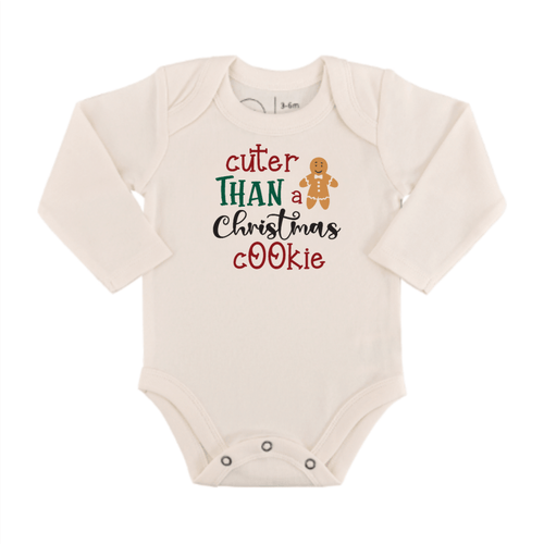 Long sleeve graphic bodysuit featuring a festive Christmas cookie design for babies.