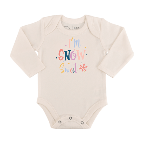 Long sleeve graphic bodysuit in "Snow Sweet" design for babies, perfect for cozy and stylish outfits.