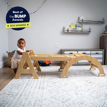 Maple Beginner Pikler Triangle & Rocker for indoor play, promoting active learning and motor skills in babies.