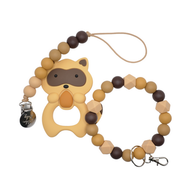Mommy and Me Bundle featuring a cute brown raccoon teether and pacifier for babies.