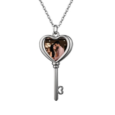 Custom Photo Heart Key Necklace – Personalized Key & Heart Pendant | Upload Your Photo