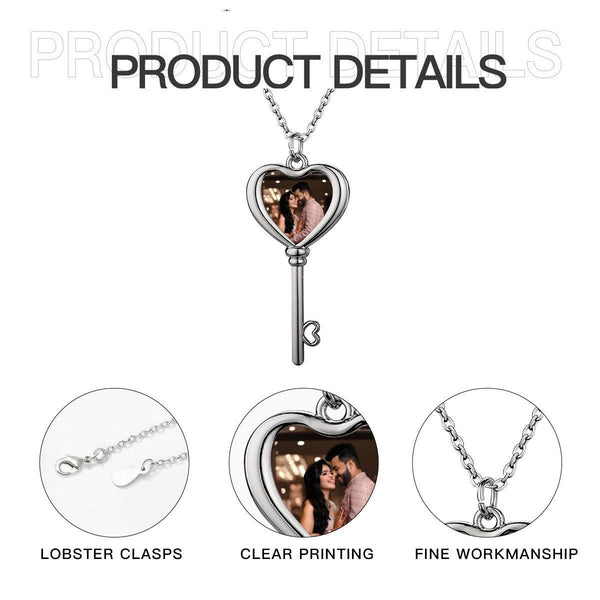 Custom Photo Heart Key Necklace – Personalized Key & Heart Pendant | Upload Your Photo