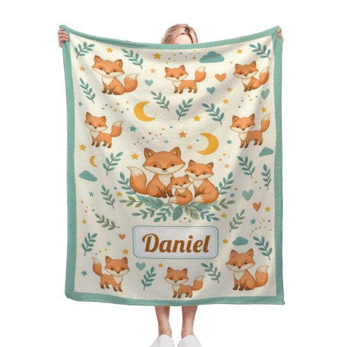 Custom Name Fox Blanket – Personalized Woodland Gift for Babies & Kids