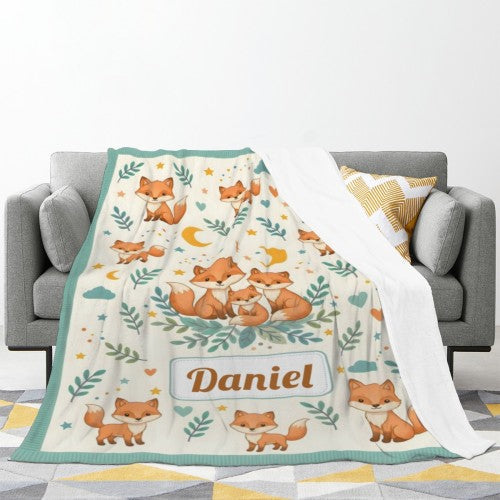 Custom Name Fox Blanket – Personalized Woodland Gift for Babies & Kids