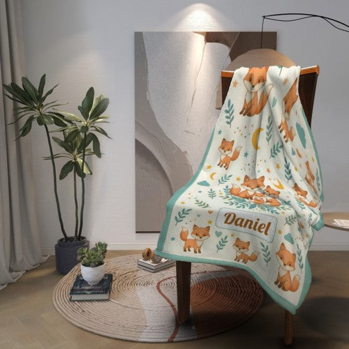 Custom Name Fox Blanket – Personalized Woodland Gift for Babies & Kids