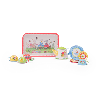 "Metal tea set - The Big Family in a toy suitcase, perfect for imaginative play and family gatherings."