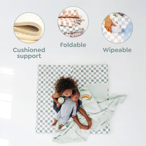 Blue tile vegan leather play mat for babies, showcasing a stylish and safe play area from angle 6.