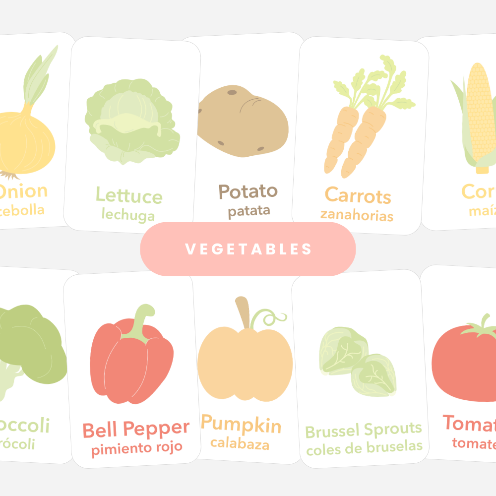 "Colorful vegetable flashcards for babies, perfect for learning and playtime."