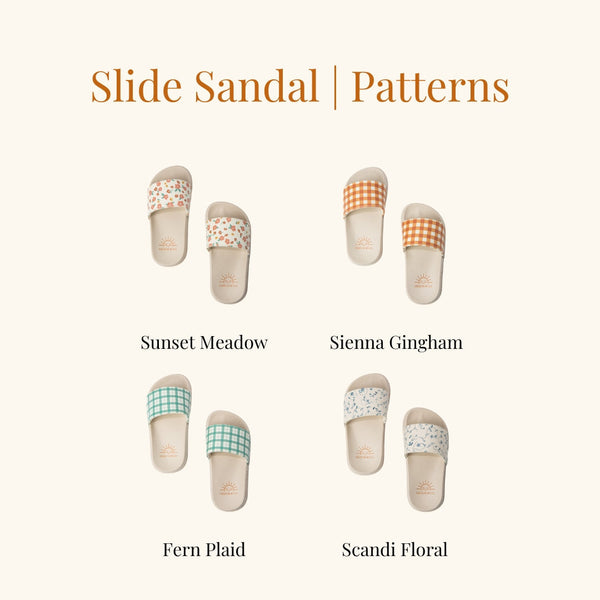 "Slide Sandal in Sunset Meadow design, perfect baby footwear for comfort and style."