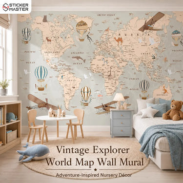 Vintage Explorer World Map Wall Mural for Kids & Nursery