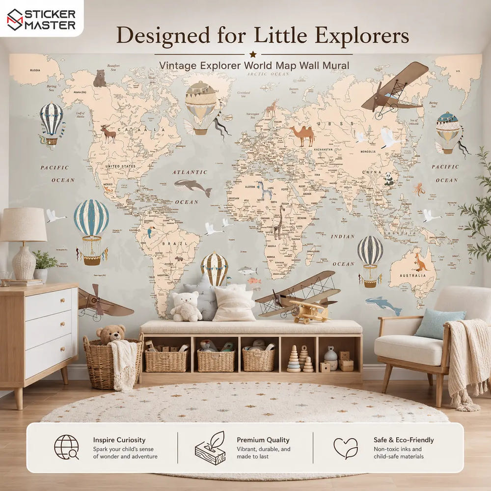 Vintage Explorer World Map Wall Mural for Kids & Nursery