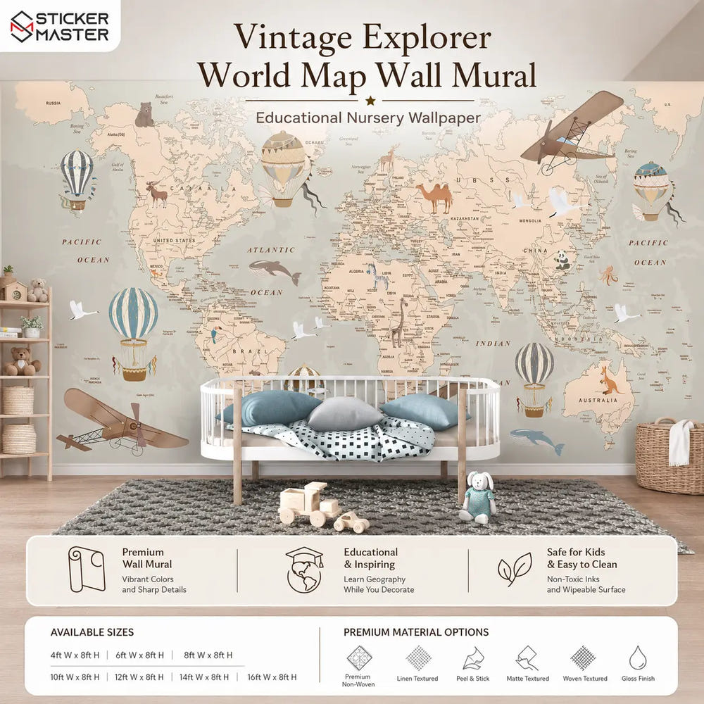 Vintage Explorer World Map Wall Mural for Kids & Nursery by Sticker Master