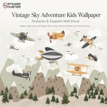 Vintage Sky Adventure Kids Wallpaper / Airplanes & Zeppelin Wall Mural by Sticker Master