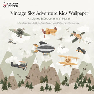 Vintage Sky Adventure Kids Wallpaper / Airplanes & Zeppelin Wall Mural by Sticker Master