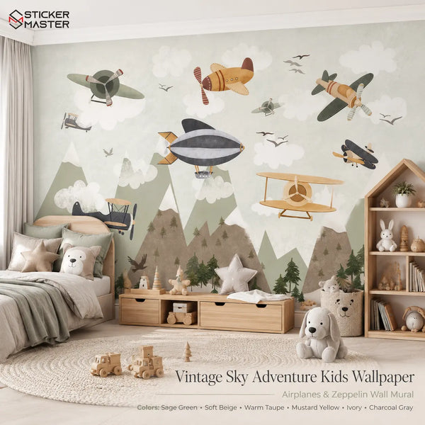 Vintage Sky Adventure Kids Wallpaper / Airplanes & Zeppelin Wall Mural by Sticker Master
