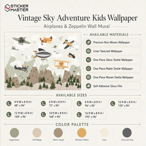 Vintage Sky Adventure Kids Wallpaper / Airplanes & Zeppelin Wall Mural by Sticker Master