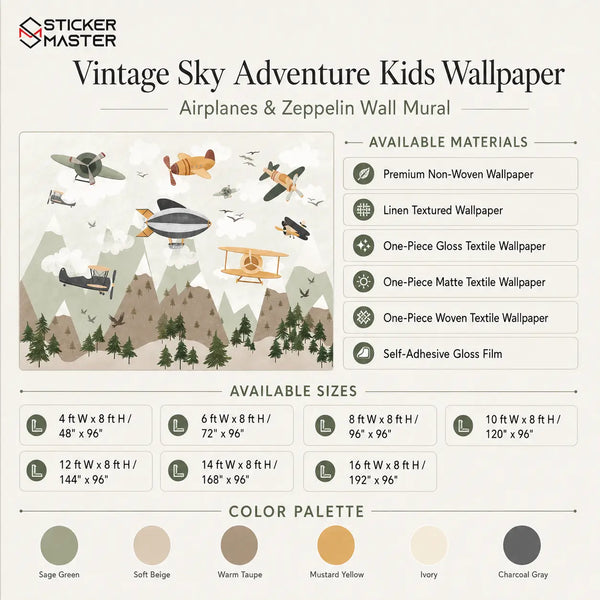 Vintage Sky Adventure Kids Wallpaper / Airplanes & Zeppelin Wall Mural by Sticker Master