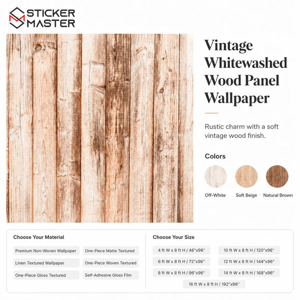 Vintage Whitewashed Wood Panel Wallpaper / Rustic Wood Mural by Sticker Master