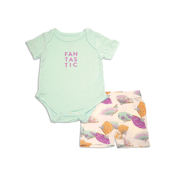 Bamboo Short Sleeve Onesie & Short Set (Bay/Fancy Fan Prt)