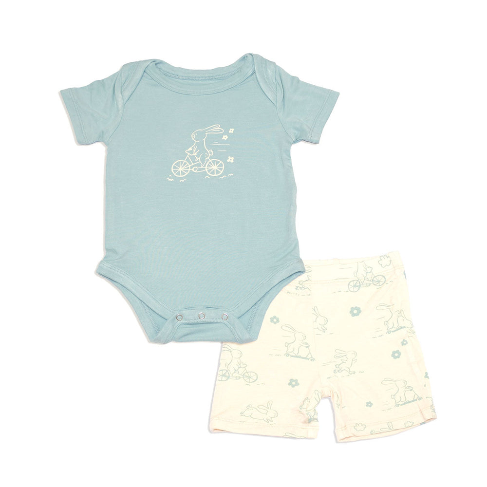 Bamboo Short Sleeve Onesie & Short Set (Lustre/Go Go Bunny Prt)