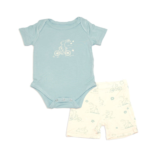 Bamboo Short Sleeve Onesie & Short Set (Lustre/Go Go Bunny Prt)