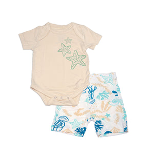 Bamboo Short Sleeve Onesie & Short Set (Soft Sand/Reef Print)