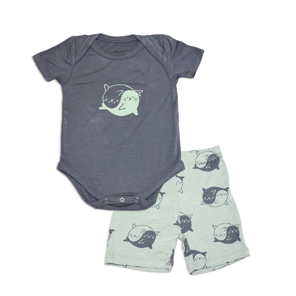 Bamboo Short Sleeve Onesie & Short Set (Flint/Yin Yang Seals Prt)