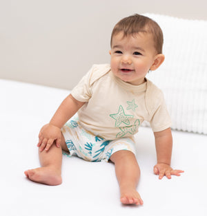 Bamboo Short Sleeve Onesie & Short Set (Soft Sand/Reef Print)