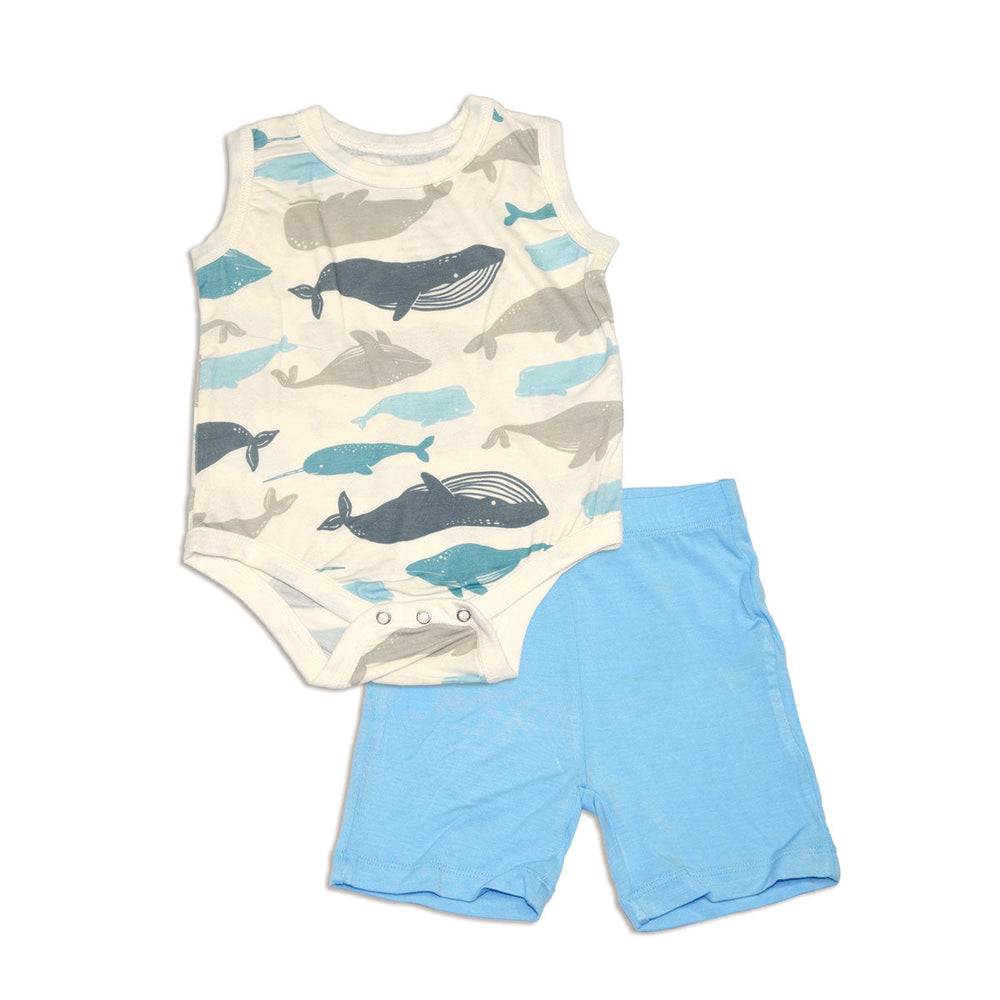 Bamboo Tank Bodysuit & Short Set (Whale of a Time Print/Bluebonnet)