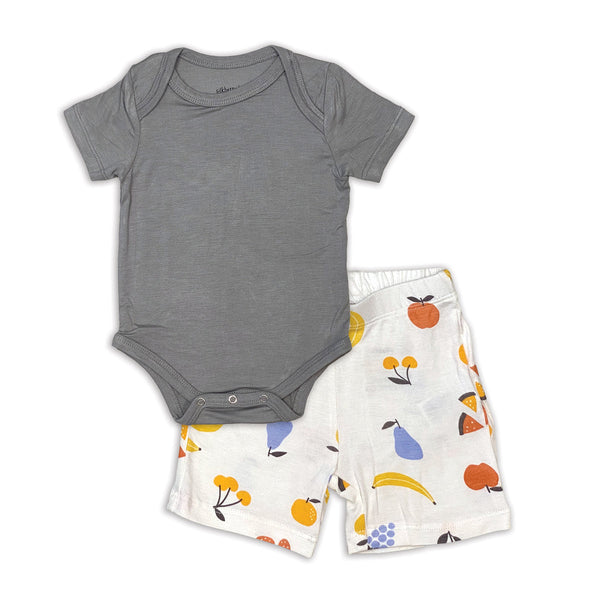 Bamboo Short Sleeve Onesie & Short Set (Pigeon/Fruit Salad Print)