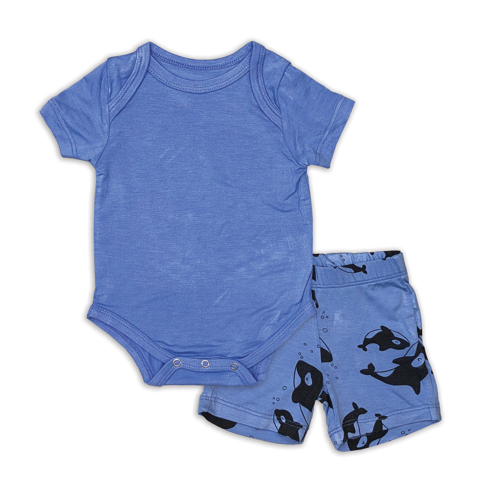 Bamboo Short Sleeve Onesie & Short Set (Ocean/Orca Print)